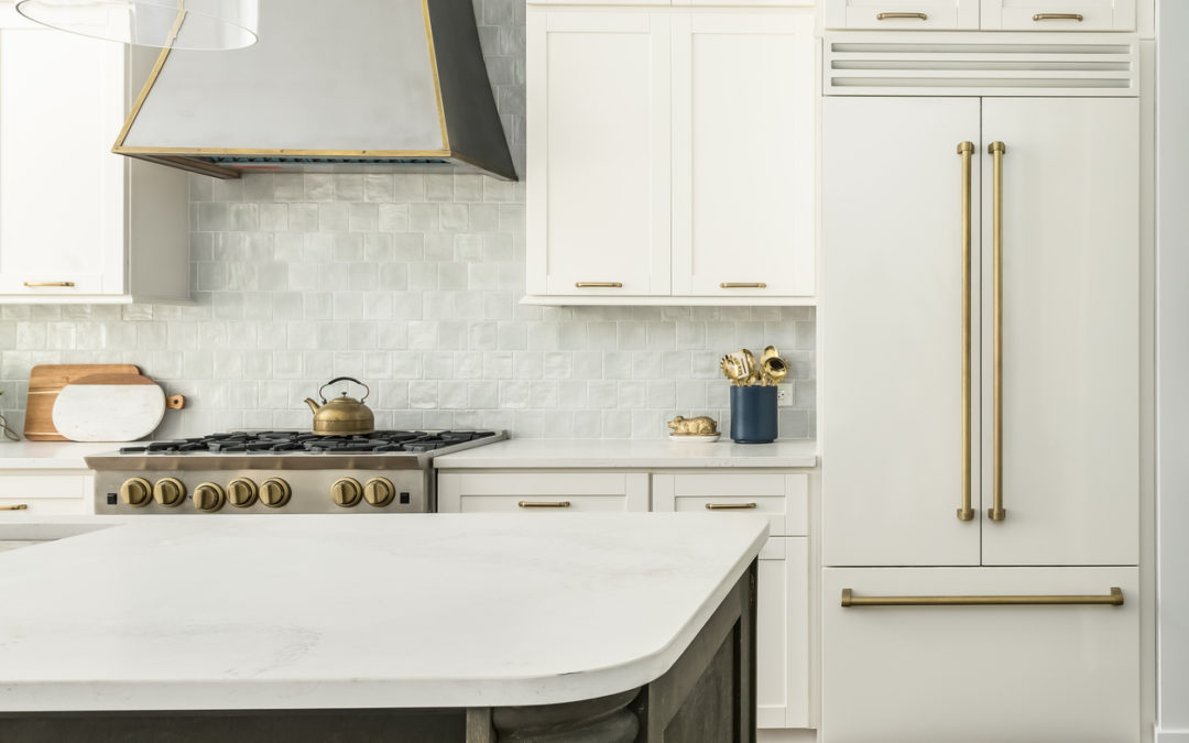 Contemporary White Kitchen with White Matte Appliances and Gold Fixtures